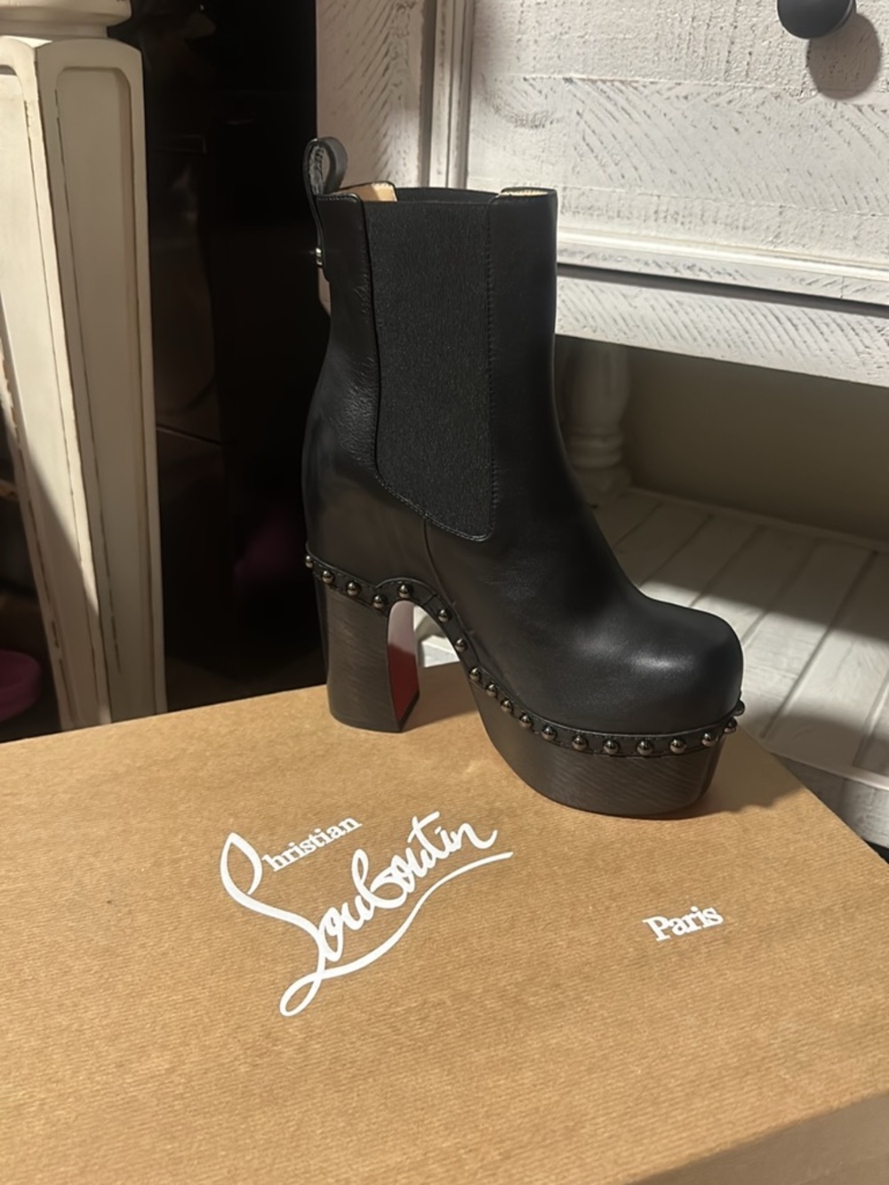 Christian Louboutin Black Leather Studded Platform Chelsea Boots with Red Sole